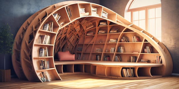 Zdjęcie piękna biblioteczka wykonana z drewna