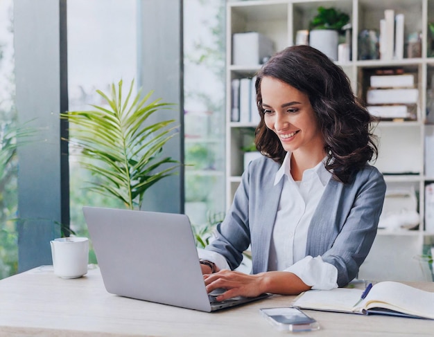 Piękna bizneswoman pisanie na laptopie w nowoczesnym biurze z uśmiechem szczęścia