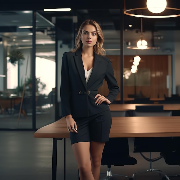 Piękna bizneswoman siedząca w biurze i patrząca w ramę.