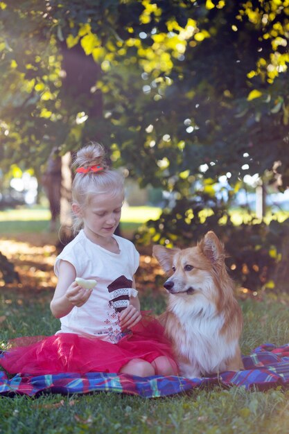 Piękna blond dziewczyna i puszyste corgi na trawniku w słoneczny letni dzień