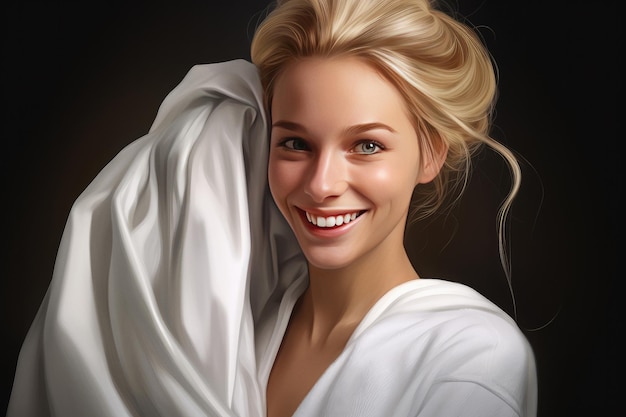 Piękna blond kobieta w bieli uśmiecha się