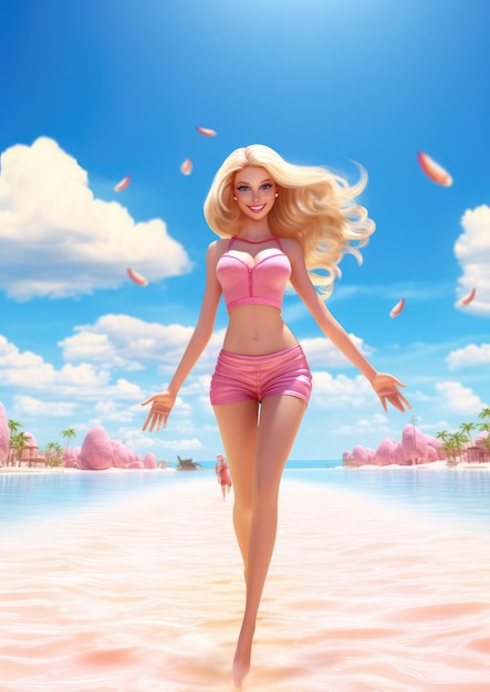 Piękna blondynka Barbie w różowym stroju kąpielowym biega po plaży Generative Ai