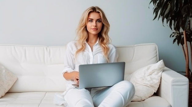 piękna blondynka bizneswoman siedzi na kanapie za pomocą laptopa