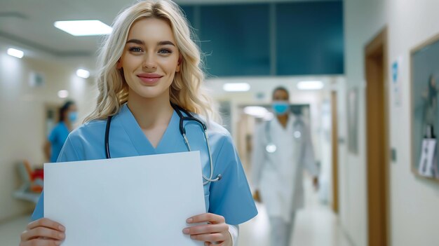 Zdjęcie piękna blondynka pielęgniarka trzymająca pusty biały baner lub papier przed kamerą