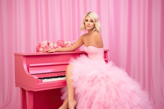 Piękna blondynka pozuje na różowym fortepianie, różowym, różowym tle, różowym świecie Wygenerowano sztuczną inteligencję