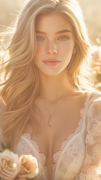 Piękna blondynka w białej sukni pozuje w ogrodzie różanym.