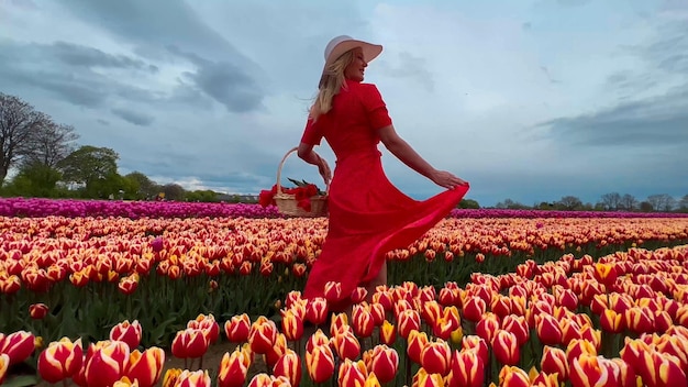 Piękna blondynka w czerwonej sukience i białym słomkowym kapeluszu z koszem z płotkiem na kolorowych polach tulipanów