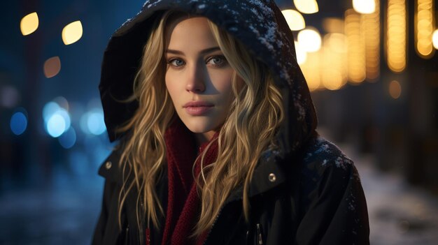 piękna blondynka w kurtce z kapturem stojąca nocą na śniegu