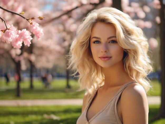 Piękna blondynka w parku w ciepły wiosenny dzień