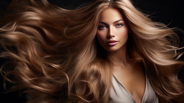 Piękna blondynka z bardzo długimi, zadbanymi, gładkimi włosami Opracuj reklamę dla fryzjera