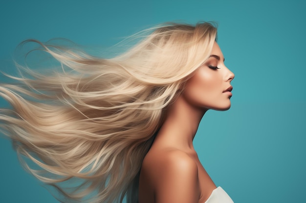 Zdjęcie piękna blondynka z długimi zdrowymi włosami portret pięknej dziewczyny z latającymi włosami na niebieskim