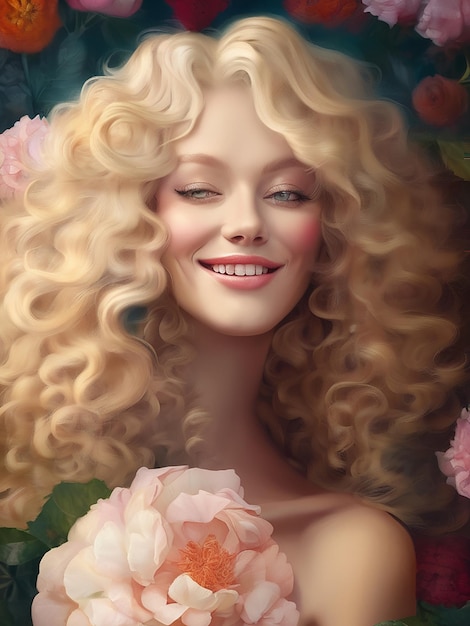 Piękna blondynka z kręconymi włosami i kwiatem.