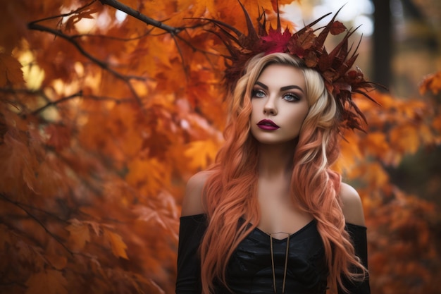piękna blondynka z pomarańczowymi włosami w jesiennych liściach