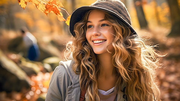 Piękna blondynka z szczęśliwym i uśmiechniętym kapeluszem wędruje w górach lub lesie jesienią