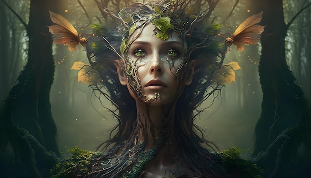 Piękna bogini driady w leśnej bogini driady łącząca się z magiczną sztuczną inteligencją leśną