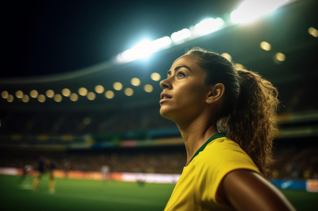 Piękna brazylijska piłkarka odwracająca wzrok stojąc na stadionie Ai wygenerowana
