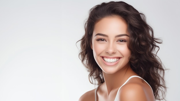 Piękna brunetka modelka uśmiechająca się z doskonale czystymi zębami zdjęcie dentystyczne tło