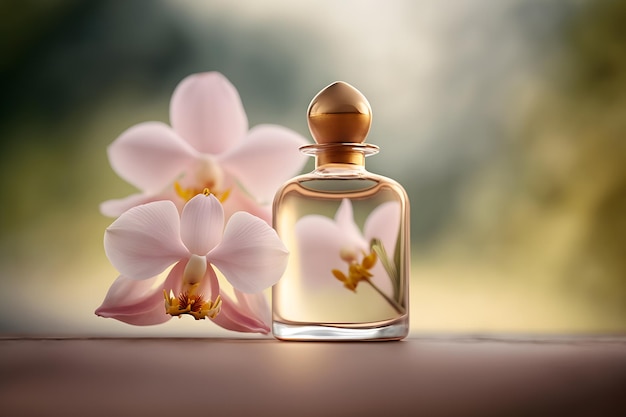 Piękna butelka perfum dla kobiet z orchideami Sztuka generowana przez sieć neuronową