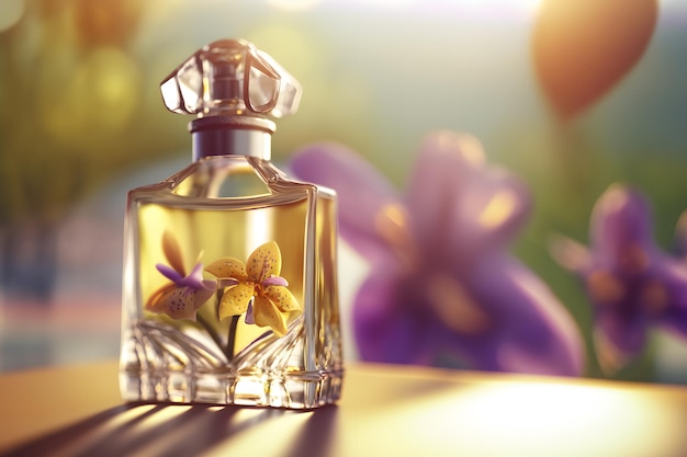 Piękna butelka perfum dla kobiet z orchideami Sztuka generowana przez sieć neuronową