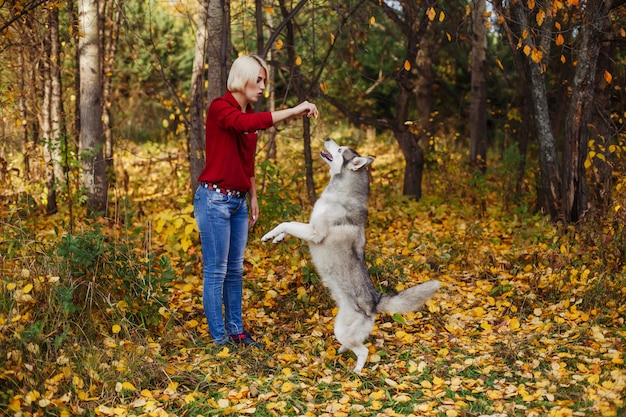 Piękna Caucasian Dziewczyna Bawić Się Z Husky Psem W Jesień Lesie