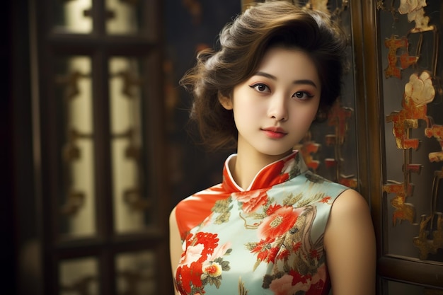 piękna Chinka ubrana w generatywną ai czerwonego cheongsa