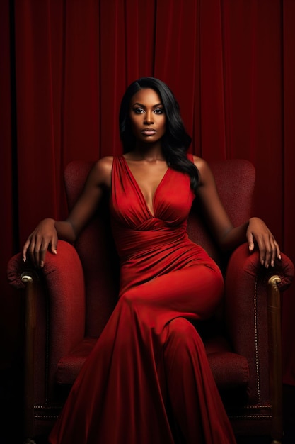 Piękna ciemna skóra kobieta w czerwonej sukience w czerwonym pokoju