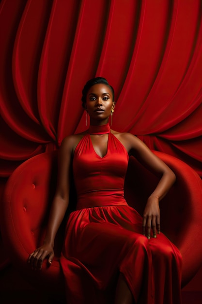 Piękna ciemna skóra kobieta w czerwonej sukience w czerwonym pokoju