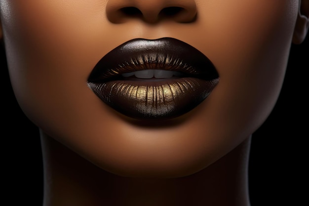Piękna czarna kobieta, czarne usta, zbliżenie, czarna skóra promieniująca ponadczasową elegancją i wyrafinowaniem