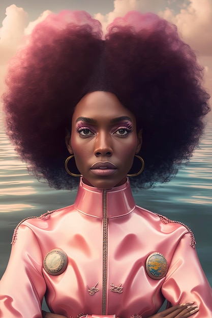 Piękna czarna kobieta, skomplikowana fryzura z lat 40., retrofuturystyczny, piękny ocean fale krajobraz kapsuła kosmiczna w wodzie AI Generated