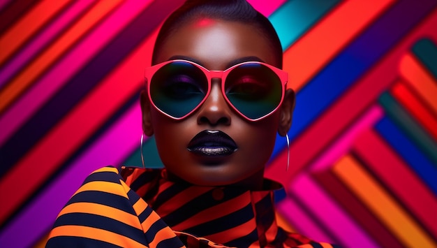 Piękna czarna kobieta z okularami przeciwsłonecznymi na kolorowym paskowym tle