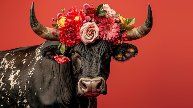Piękna czarna krowa angus nosząca wieniec czerwonych, różowych i białych kwiatów Krowa stoi na czerwonym tle i patrzy na kamerę