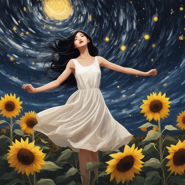 Piękna czarno włosy dziewczyna w białej sukience tańczy stojąc w środku słonecznika