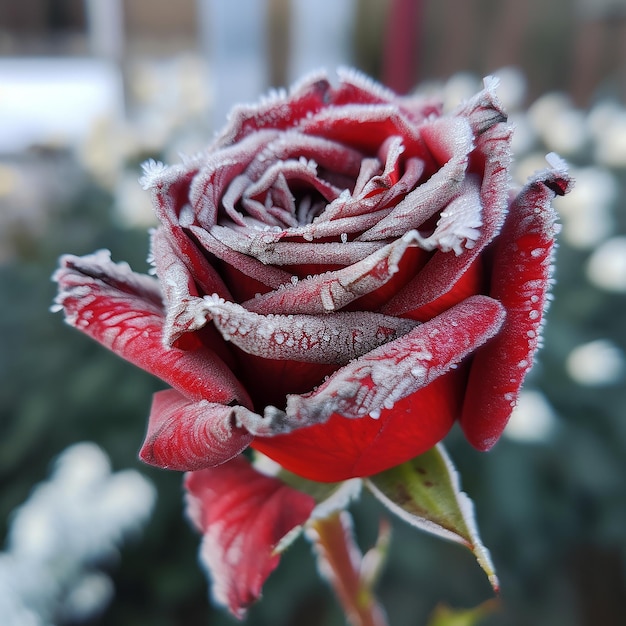 Zdjęcie piękna czerwona mrożona róża pokryta szronem zbliżenie oryginalną tapetą w tle kwiatu