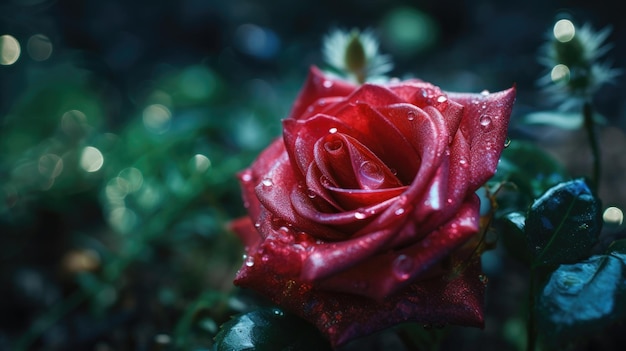 Piękna czerwona róża w magicznym lasie wróżek