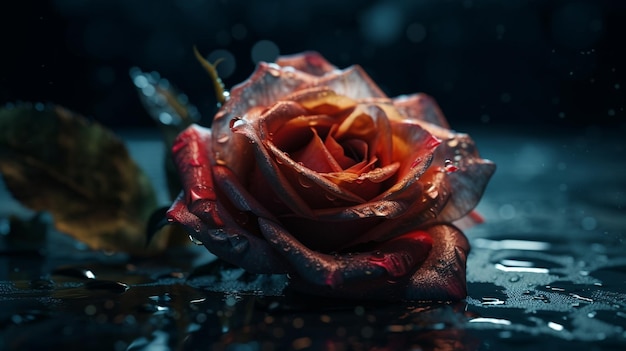 Piękna czerwona róża z kroplami wody na ciemnym tlegenerative ai
