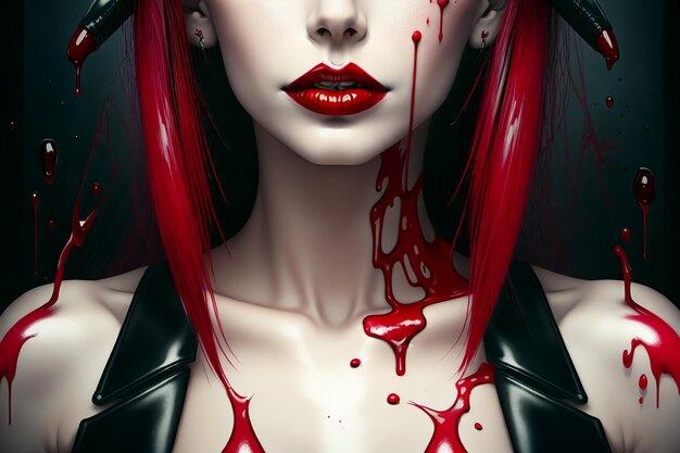 Piękna czerwona wampirka z krwią we włosach.