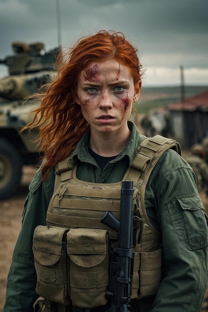 Piękna czerwona wojskowa kobieta.