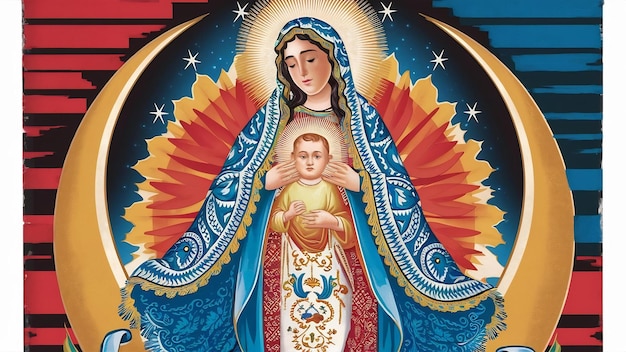 Piękna Dama z Guadalupe, Meksyk, Święta Święta Wiara, ilustracja, vintage plakat w stylu jedwabnym.