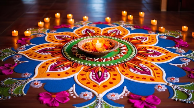 Piękna dekoracja podłogi Diwali z Diya i Rangoli Święto Diwali z światłami