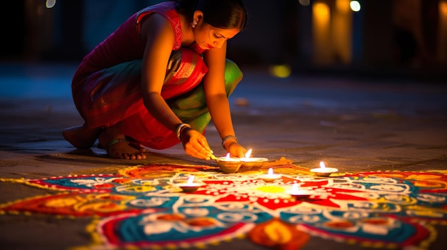 Piękna dekoracja podłogi Diwali z Diya i Rangoli Święto Diwali z światłami