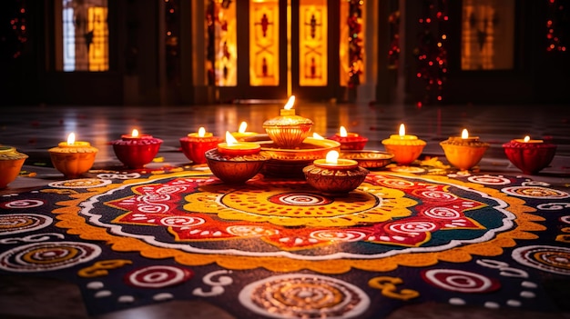 Piękna dekoracja podłogi Diwali z Diya i Rangoli Święto Diwali z światłami