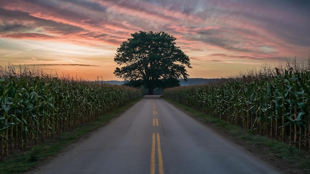 Piękna droga przechodząca przez farmę i pole kukurydziane z drzewem na końcu pod kolorowym niebem