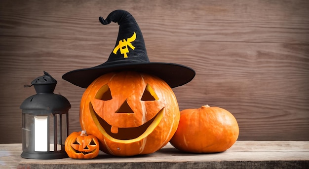 Piękna dynia halloween na drewnianym tle w wysokiej rozdzielczości