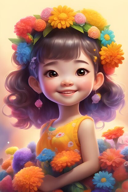 Piękna dzieło sztuki Mała dziewczynka z kwiatami w włosach ai generowane