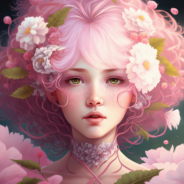 Piękna dziewczyna anime z różowymi włosami kwitnie w pobliżu kwitnącego drzewa