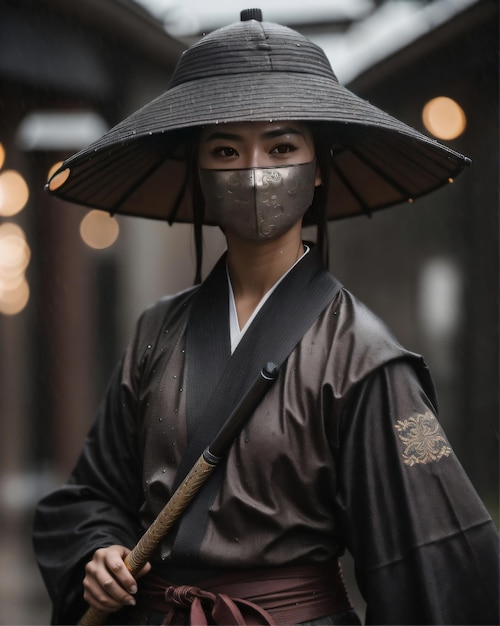 Zdjęcie piękna dziewczyna, azjatycki ninja z mieczem samurajskim katana