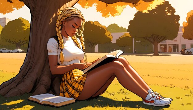 Piękna dziewczyna czyta książkę pod drzewem Narodowy Dzień Książki