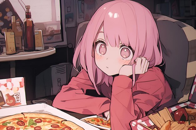 Piękna dziewczyna jedząca pizzę przed telewizorem.