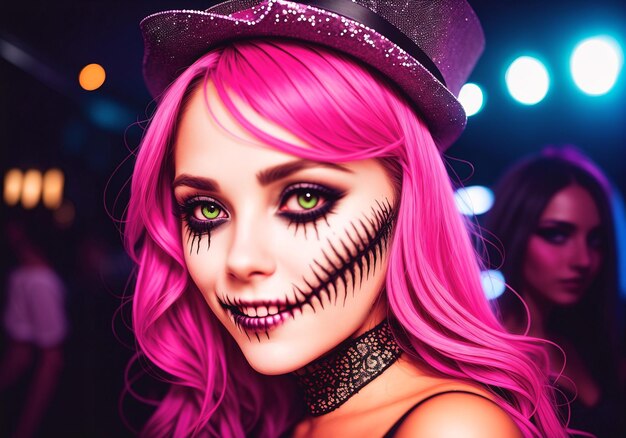 Piękna dziewczyna na imprezie w klubie nocnym na cześć Halloween Kobieta na imprezie kostiumowej Generatywna sztuczna inteligencja