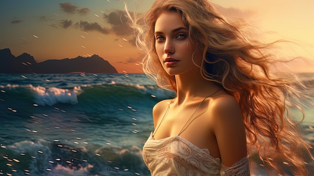 Piękna dziewczyna na morzu o zachodzie słońca. Pokolenie AI